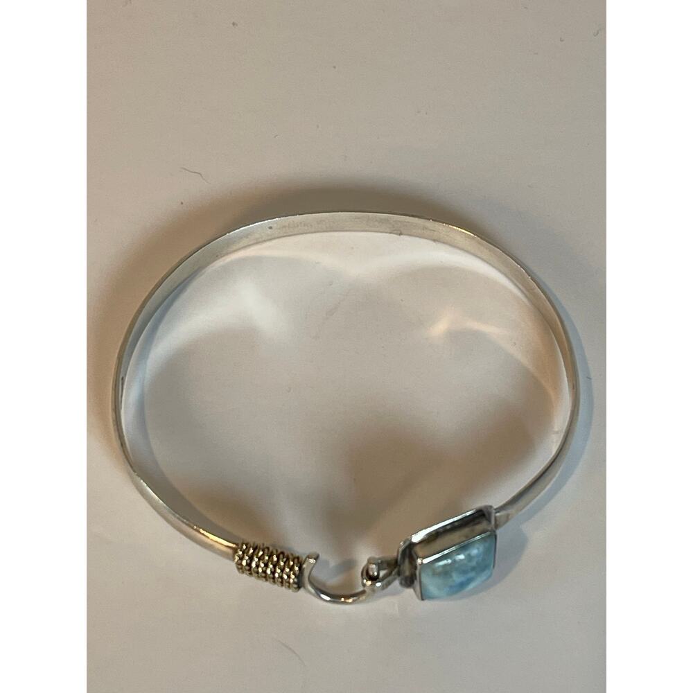 925 Sterling Silver Larimar Bracelet 14K Gold Rope Accent Cuff - Picture 5 of 11